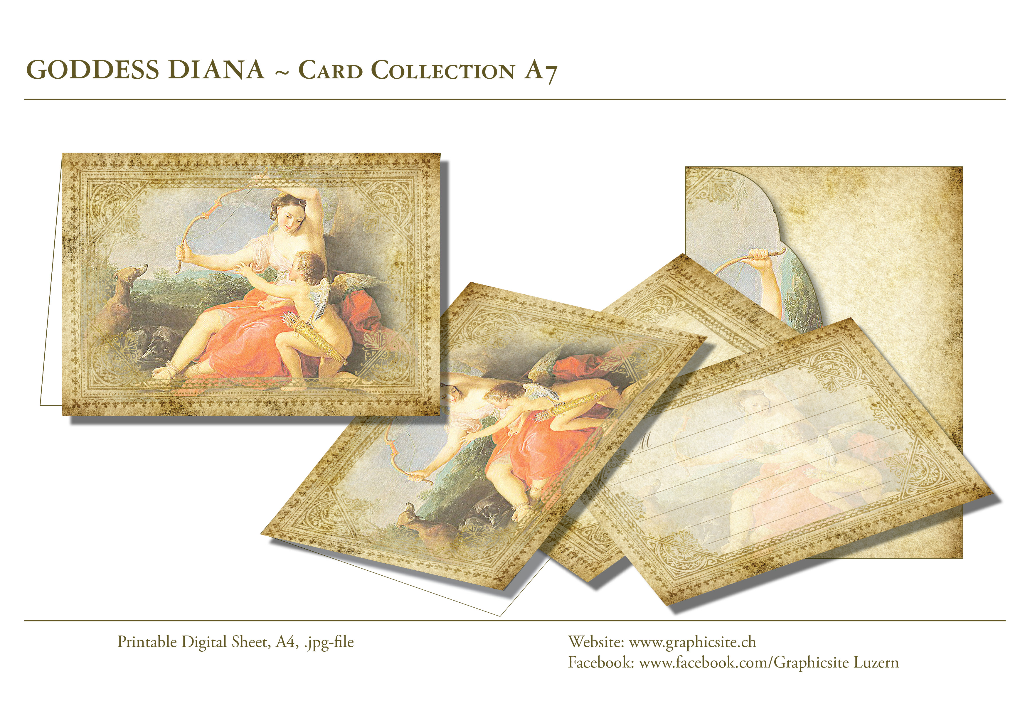 Printable Digital Sheets - Card Collection A7 - Goddess Diana